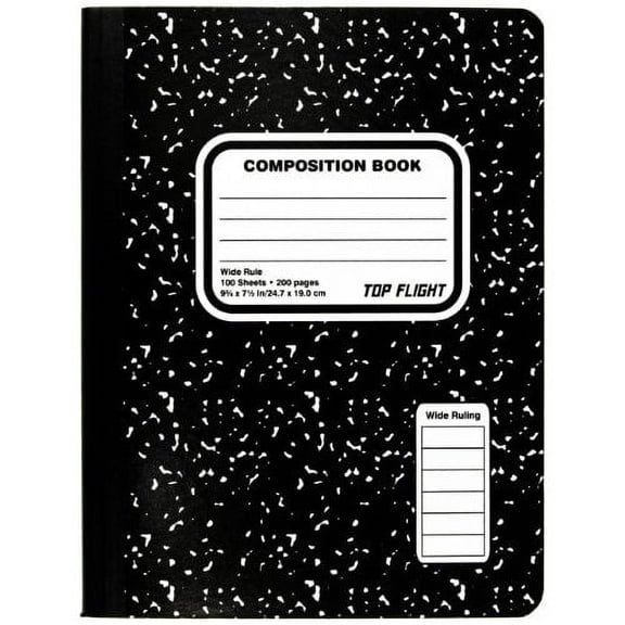 Top Flight Sewn Composition Book Black and White Marble Wide Rule 100 Sheets (41353)