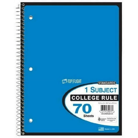 Top Flight Standards 1-Subject Wirebound Notebook, 70 Sheets, College Rule, 10.5 x 8 Inches, 1 Notebook