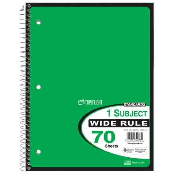 Top Flight Standards 1-Subject Wirebound Notebook, 70 Sheets, Wide Rule, 10.5 x 8 Inches, 1 Notebook, Green Cover (30078)