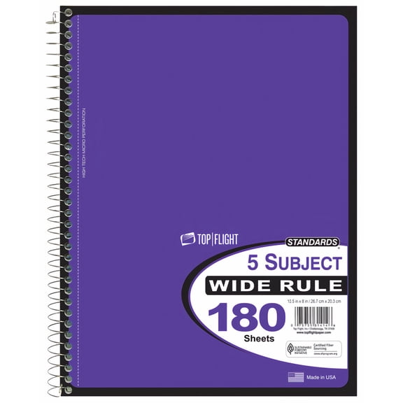 Top Flight Standards 5 Subject Notebook Wide Rule Colors Will Vary (Pack of 32)
