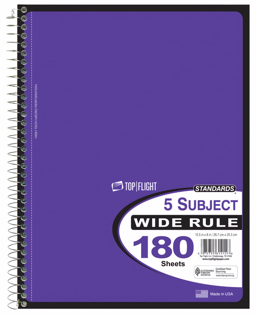 Top Flight Standards 5 Subject Notebook Wide Rule Colors Will Vary (Pack of 10)