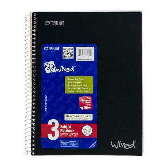 Top Flight Wired 3 Subject Notebook College Ruled, 120 Sheets 120 CT