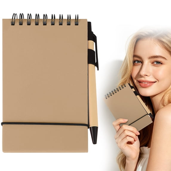 Top Flip Blank Notepad, 50 Sheets 100 Pages, Top Spiral Notebook, Pocket Notebook, Built-In Side Pen Holder, Portable for Travel, Work Temporary Note and Class Note Taking (Khaki)