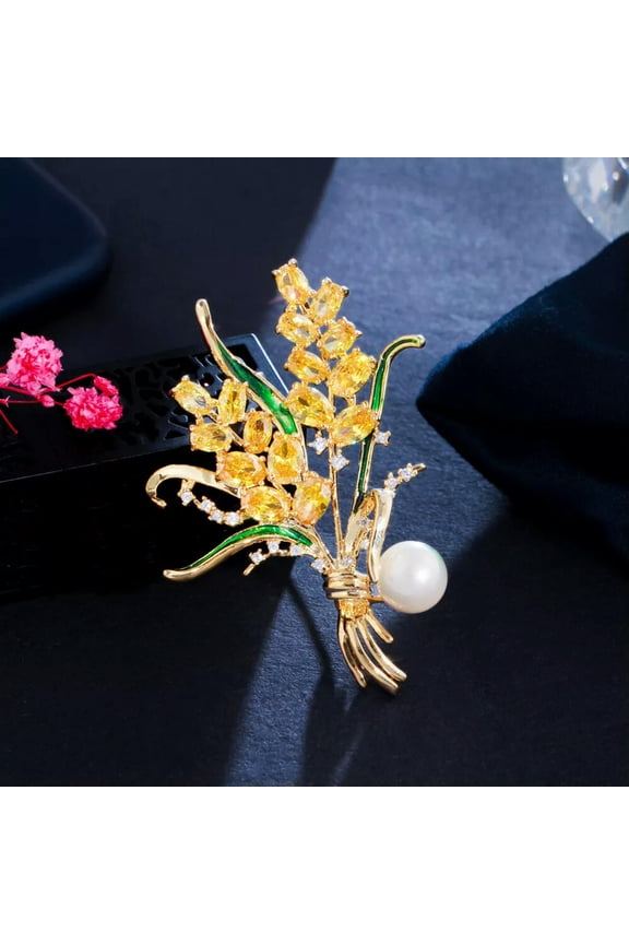 Top Flower Yellow Gold Plated CZ Wheat Pearl Brooch Pin for Women Party