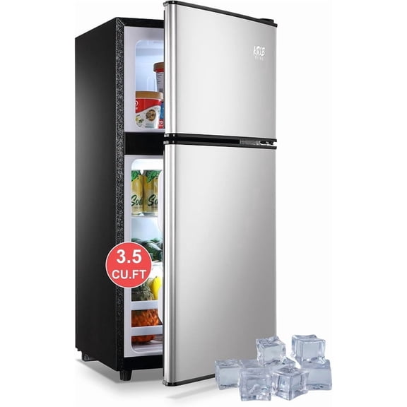 Top-Freezer Refrigerator 3.5 Cu.Ft Refrigerator 2 Door 7 Level Adjustable Thermostat Control Lock Fresh Energy Saving Silver