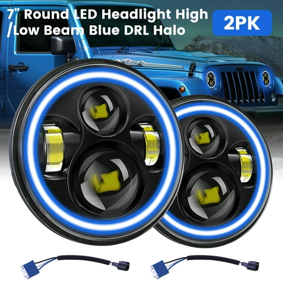 Top-Gears Pair 7" LED Halo Projector Headlights DRL for Jeep Wrangler JK LJ TJ CJ, Blue