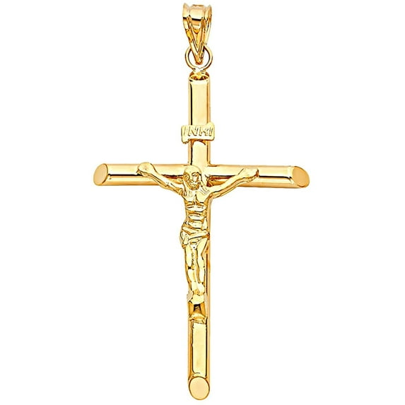 Top Gold & Diamond Jewelry Yellow Gold Crucifix Pendant Necklace 3.4 g, 14K Stamped Gold, 56x37 mm