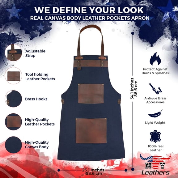 Top Grain Leather Blue Canvas Crossbody Apron Butcher Apron - BBQ Apron - Cooking Apron - Blacksmith Apron - Woodwork Apron - Christmas