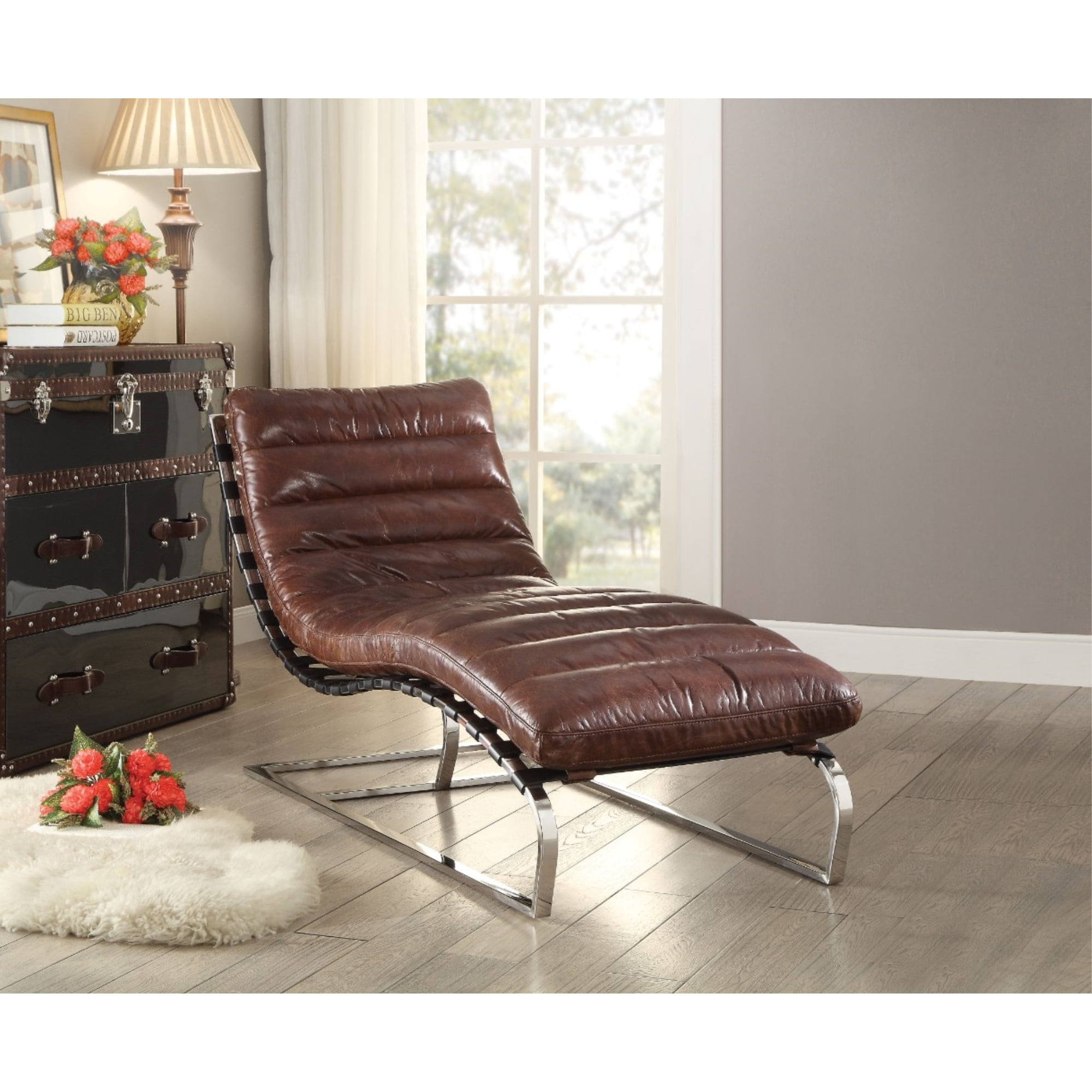 Top Grain Leather Chaise, Vintage Dark Brown & Stainless Steel