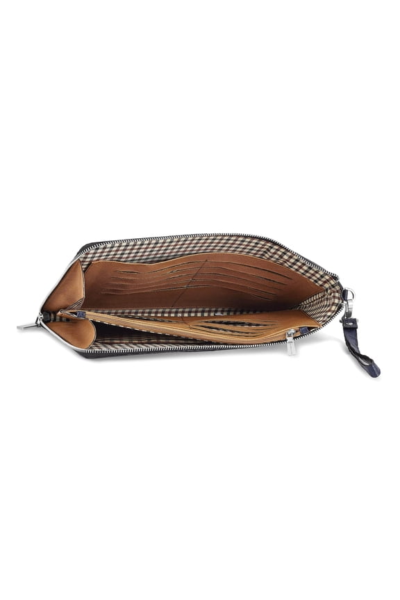 Top Grain Leather Croc Texture Zips Around One Side and Top Cotton and Leather Gusseted Lining with Center Zip Compartment Divider 20 Card Slot Detachable 7 inch Wrist Strap Navy Portfolio