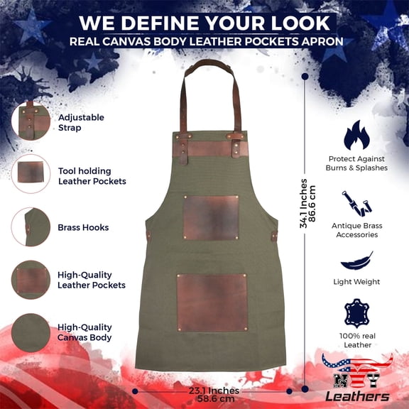 Top Grain Leather Green Canvas Apron Butcher Apron - Cook Apron - BBQ Apron - Cooking Apron - Blacksmith Apron - Woodwork Apron - Christmas