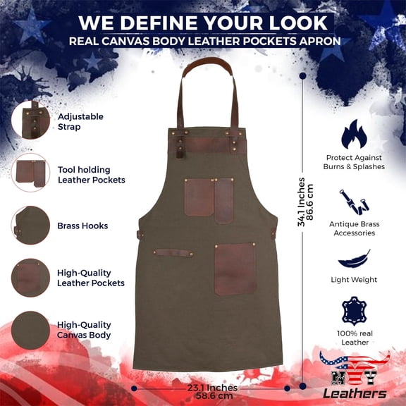 Top Grain Leather Green Canvas Apron Butcher Apron - Cook Apron - BBQ Apron - Cooking Apron - Blacksmith Apron - Woodwork Apron - Christmas