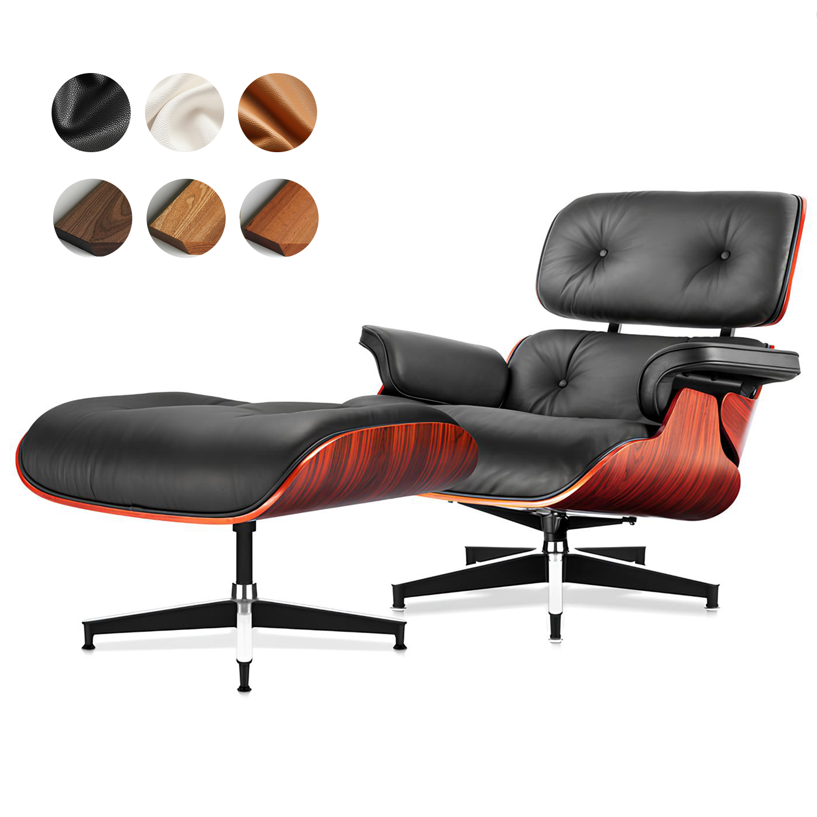 Top Grain Genuine Leather Swivel Lounge Accent Chair with Ottoman