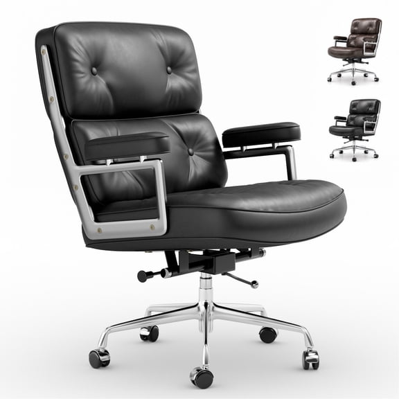 Top Grain Leather Office Desk Chair, Mid-Back Executive Ergonomic Swivel Chair with Aluminum Arms, Thick Plush Cushion & Lumbar Support, Quiet Rolling Wheels, Reclining Business Office Chair