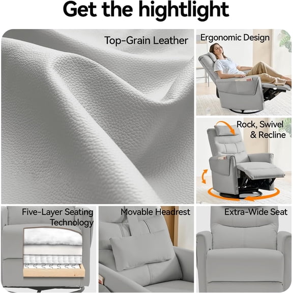 Top Grain Leather Recliner Chair with Adjustable Headrest and Rocker Swivel Function for Living Room