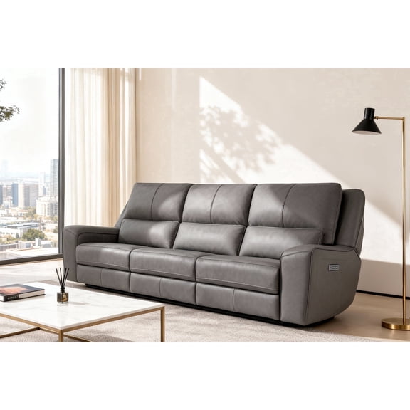 Top Grain Leather Triple-Power Oversized Width Seat Sofa with Adjustable Headrest, USB & USB-C Charging