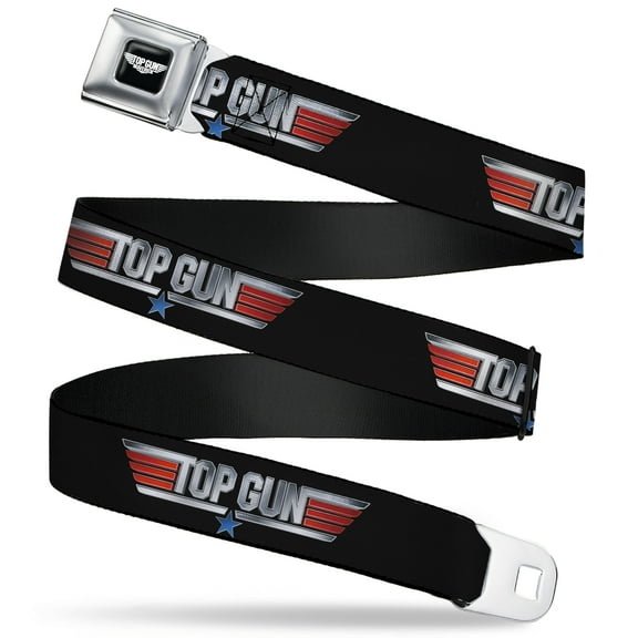 Top Gun Belt, Seatbelt Buckle Belt, Top Gun Title Logo Black Silver Red Blue, Youth 22 to 32 Inches