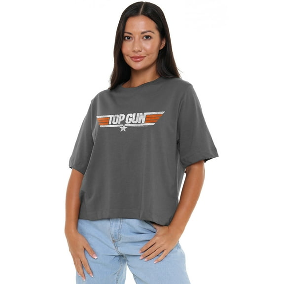 Top Gun Distressed Logo Women's Boxy Cropped T-Shirt Casual Graphic Tee