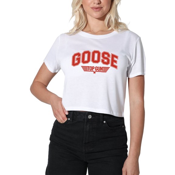 Top Gun Goose Varsity Women's Crop Top T-Shirt, White, Medium