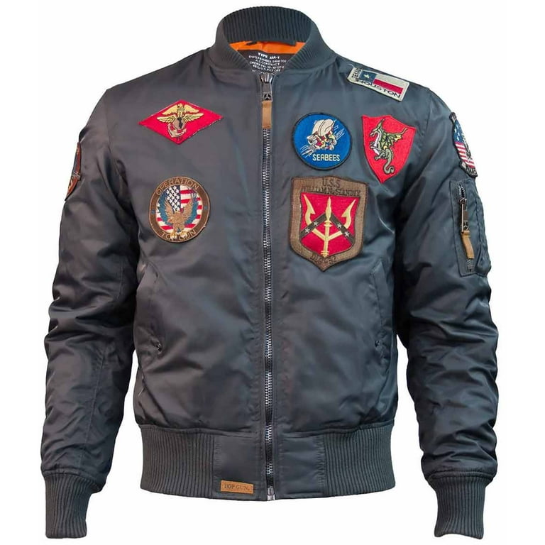Top Gun MA 1 Nylon Bomber Jacket with Patches Gray 