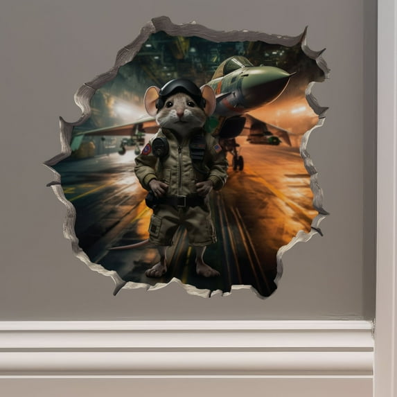 Top Gun Navy Pilot Mouse in Mouse Hole Decal - Mouse Hole 3D Wall Sticker