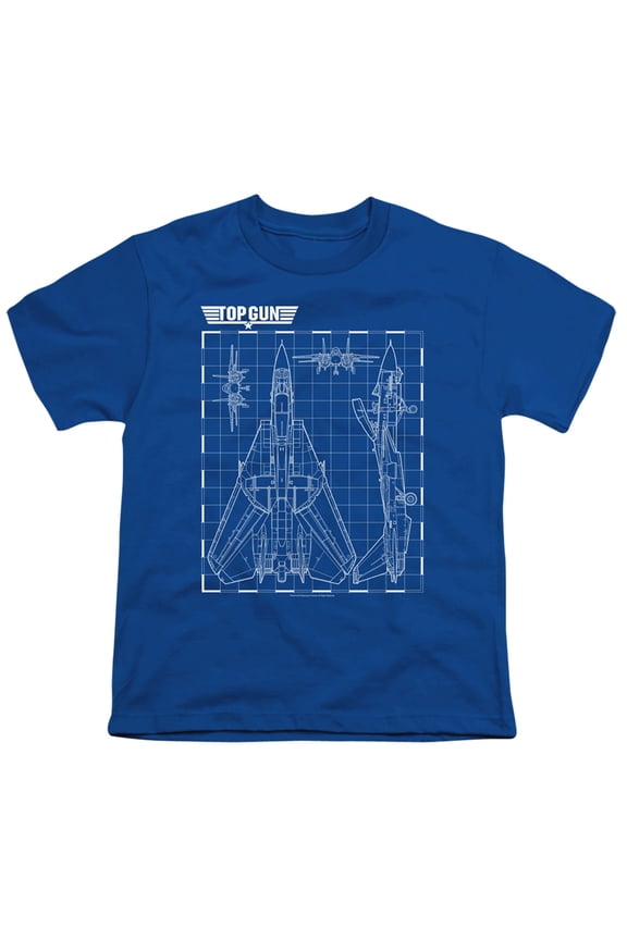 Top Gun Schematic Unisex Youth T Shirt for Boys and Girls, Royal Blue, Large