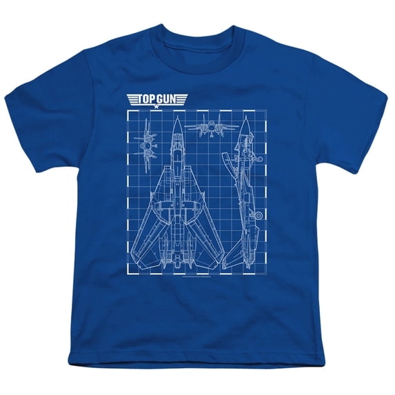 Top Gun Schematic Unisex Youth T Shirt for Boys and Girls, Royal Blue, Medium