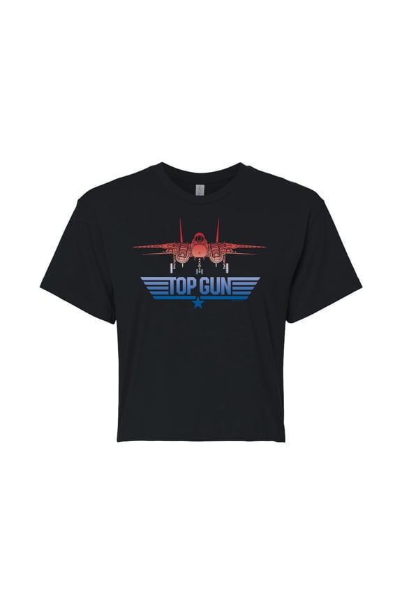 - Top Gun Fighter Jet Logo - Juniors Cropped Cotton Blend T-Shirt