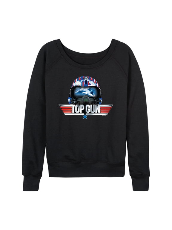 - Top Gun Fighter Jet Logo Women's Lightweight French Terry Wide Neck Long Sleeve Graphic Shirt