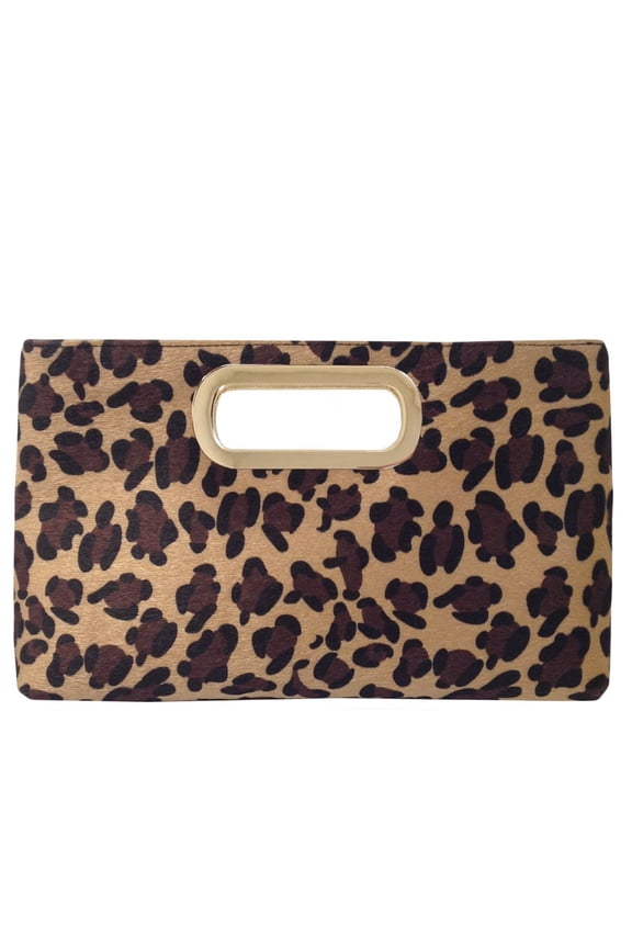 Top Handle Faux Fur Leopard Clutch
