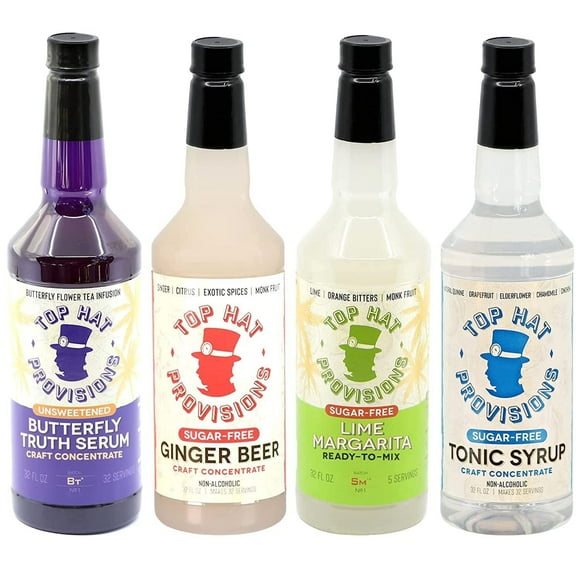 Top Hat Keto Sugar Free Combo Cocktail Mix Kit - Ginger Syrup, Tonic Syrup, Margarita Mix & Butterfly Tea - Naturally Sweetened - 4 Pack 32oz Liquid Glass Bottles