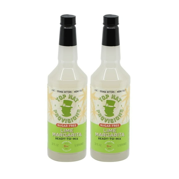 Top Hat Keto Sugar Free Lime Margarita Mix - Naturally Sweetened with Monk Fruit - 2 Pack 32oz Liquid Plastic Bottles