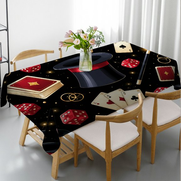 Top Hat Playing Cards Dice Pattern Rectangle Tablecloth, Machine-Made - Festive Table Setting Rectangle Tablecloth, Ideal for Kitchen Picnic Party