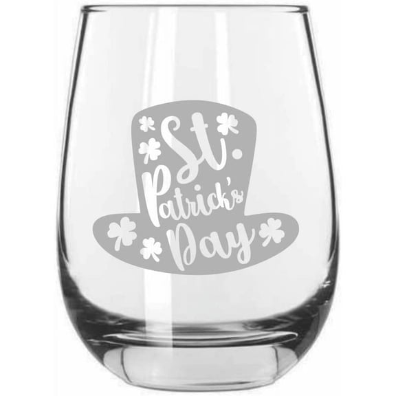 Top Hat Saint Patricks Day St Patrick's Day Etched 15.25oz Libbey Stemless Wine Glass