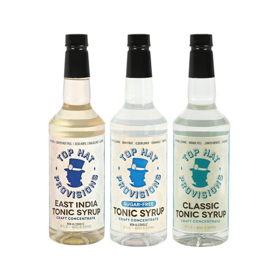 Top Hat Tonic Syrup Trio & 5x Quinine Wellness Tonic Water Concentrate Combo Kit - East India, Sugar Free Elderflower & Classic Tonic Syrup - 3 Pack 32oz Liquid Glass Bottles