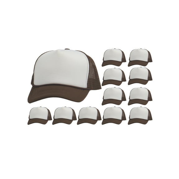 Top Headwear 12 Pack Dozen Men's Plain Trucker Mesh Cap Blank Hats White/Brown