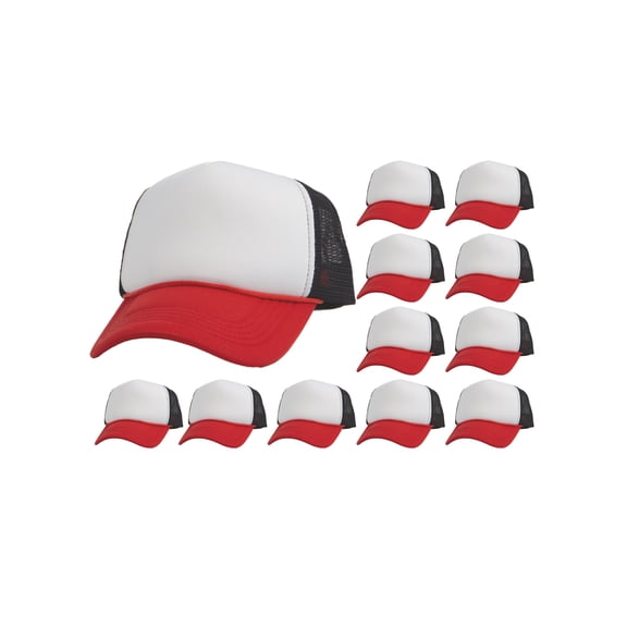 Top Headwear 12 Pack Dozen Men's Plain Trucker Mesh Cap Blank Hats  White/Red/Black
