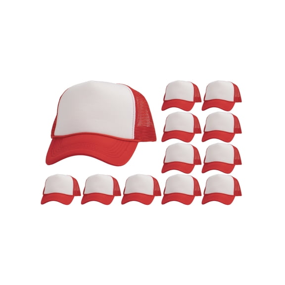 Top Headwear 12 Pack Dozen Men's Plain Trucker Mesh Cap Blank Hats White/Red