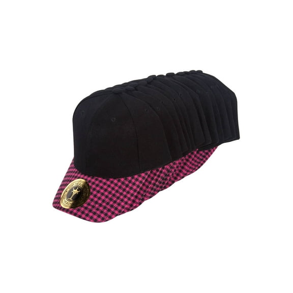 Top Headwear Adjustable Structured Plaid Bill Hat 12 LOT - Black/Hot Pink