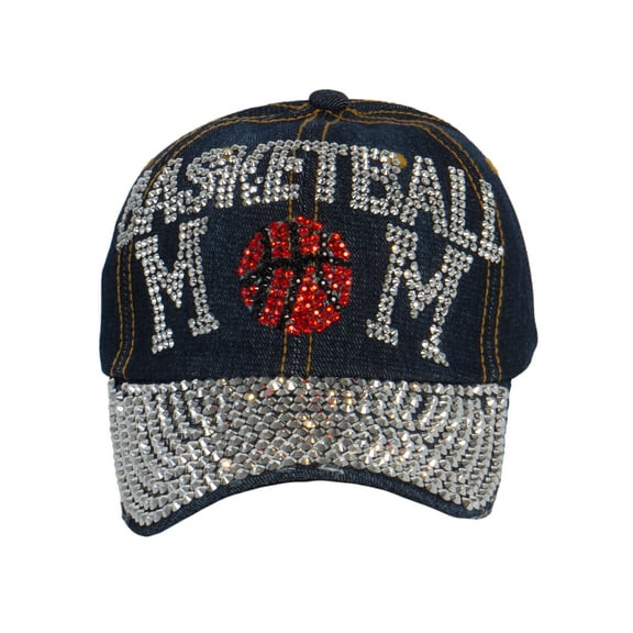 Top Headwear Basketball Mom Rhinestone Hat - Women's Shiny Bling Sports Mom Denim Cap, Red Ball
