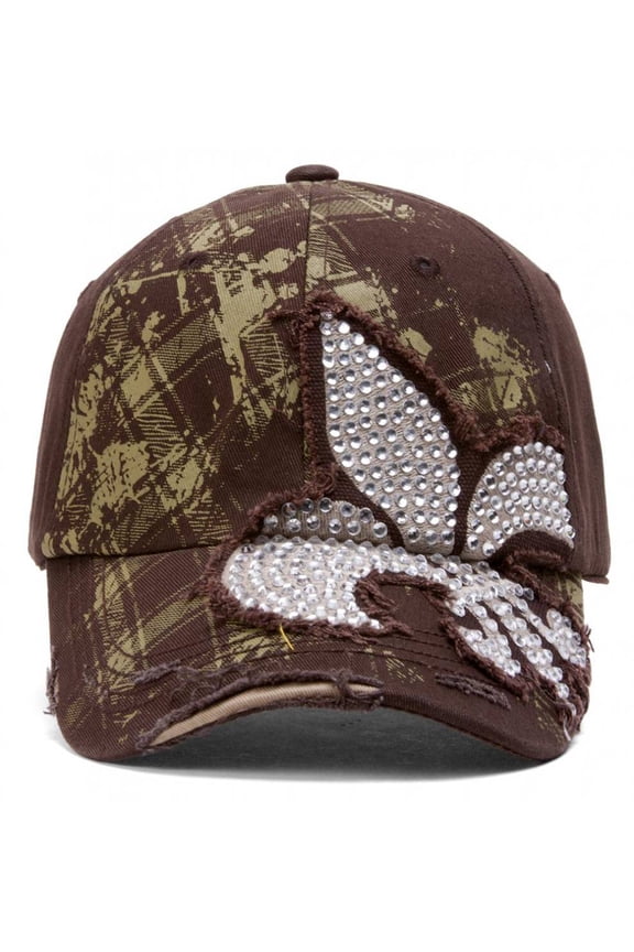 Top Headwear Beaded Fleur-de-lis Distressed Adjustable Baseball Cap - Brown