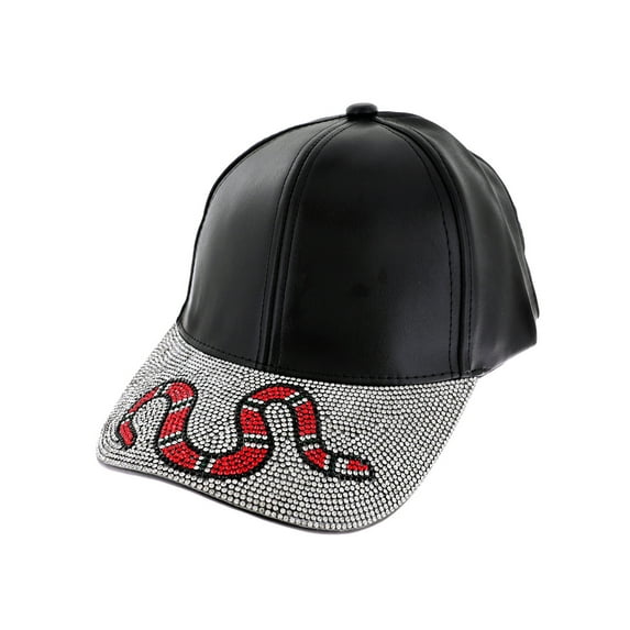 Top Headwear Bling Rhinestone Jeweled Hat - Womens Faux Leather Coral Snake Baseball Cap Black