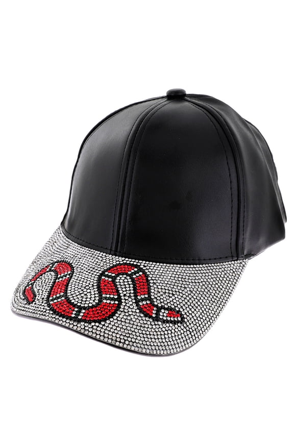 Top Headwear Bling Rhinestone Jeweled Hat - Womens Faux Leather Coral Snake Baseball Cap Black