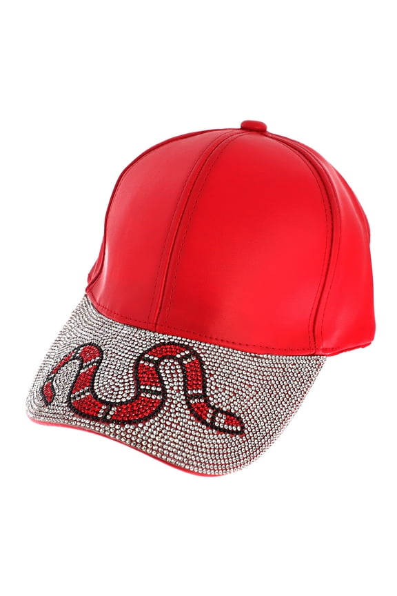 Top Headwear Bling Rhinestone Jeweled Hat - Womens Faux Leather Coral Snake Baseball Cap Red