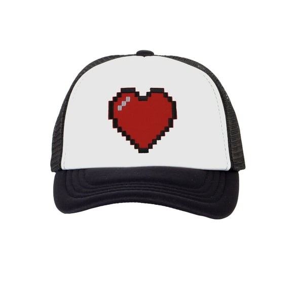 Top Headwear Boys Girls Retro Heart Hat - Youth Retro 8 Bit Pixelated Gamer Snapback Trucker Cap, Black/White
