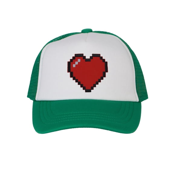 Top Headwear Boys Girls Retro Heart Hat - Youth Retro 8 Bit Pixelated Gamer Snapback Trucker Cap, Green/White