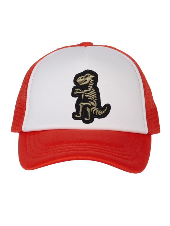 Top Headwear Boys Girls T-Rex Dinosaur Hat - Youth Dino Skeleton Snapback Trucker Cap, Red/White