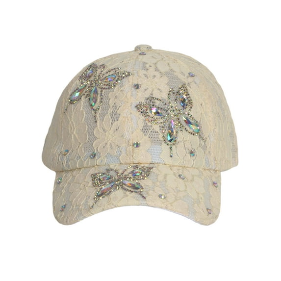Top Headwear Butterfly Lace Rhinestone Hat - Womens Crystal Gem Bling Cap, Beige