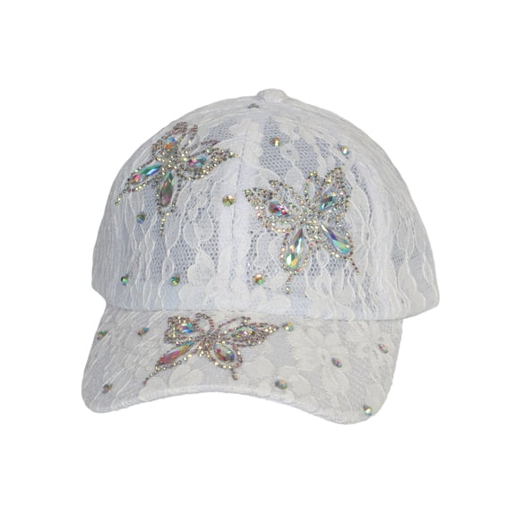 Top Headwear Butterfly Lace Rhinestone Hat - Womens Crystal Gem Bling Cap, White