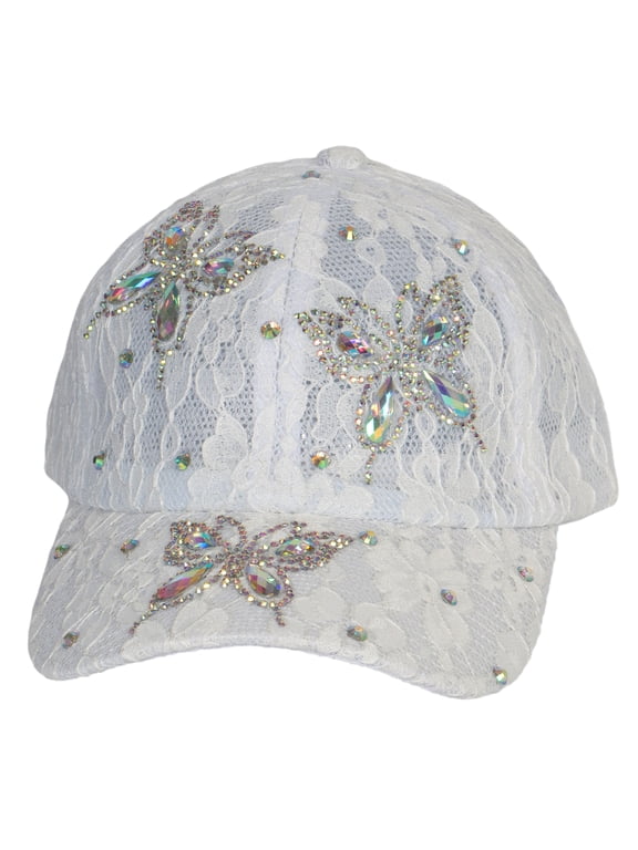 Top Headwear Butterfly Lace Rhinestone Hat - Womens Crystal Gem Bling Cap, White